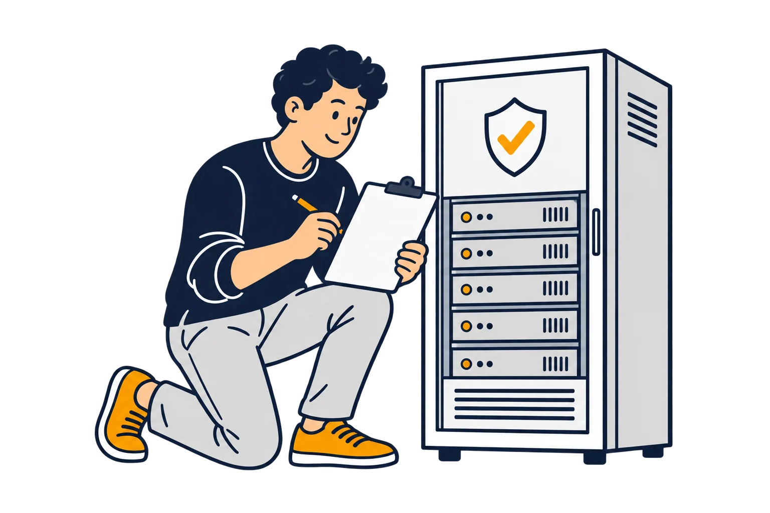 Ein Techniker prüft die Sicherheit einer Website anhand einer Checkliste.