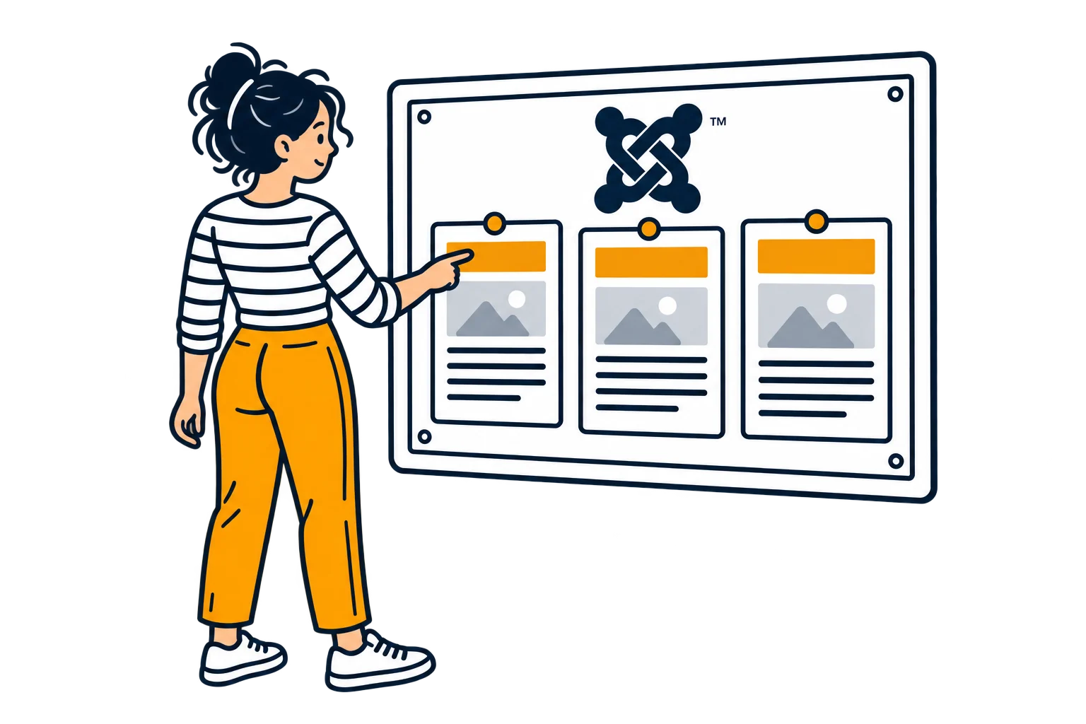Eine Website-Betreiberin betrachtet eine Nachrichtentafel mit Joomla-Bildmarke und aktuellen Meldungen.